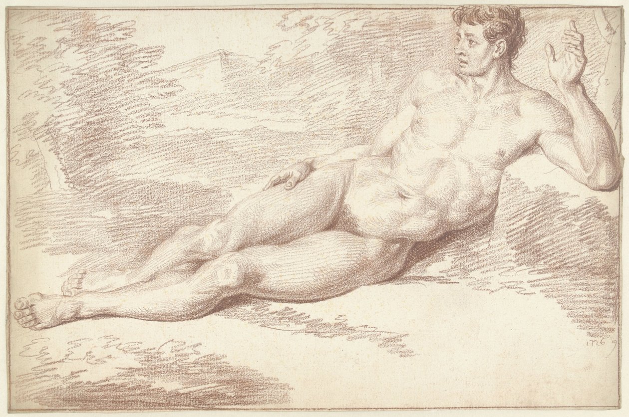 Mannelijk naakt, liggend op de zij, naar rechts door Louis Fabritius Dubourg