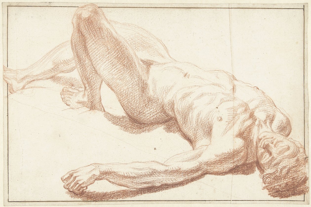 Studie van mannelijk naakt, liggend op de rug, met gestrekt been door Louis Fabritius Dubourg