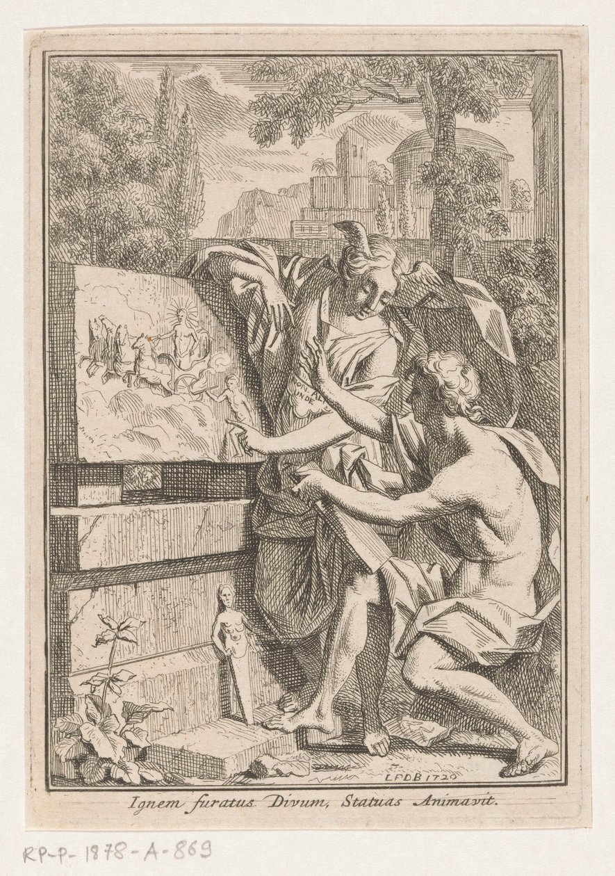 Vrouw met gevleugeld hoofd toont bas-reliëf aan jonge man door Louis Fabritius Dubourg