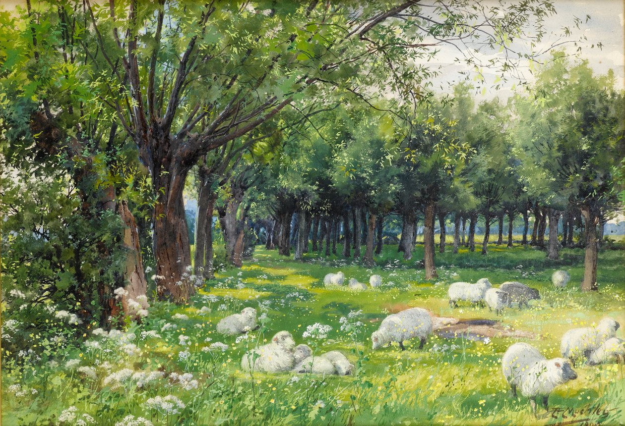 Schapen in een boomgaard in de lente door Louis Fairfax Muckley