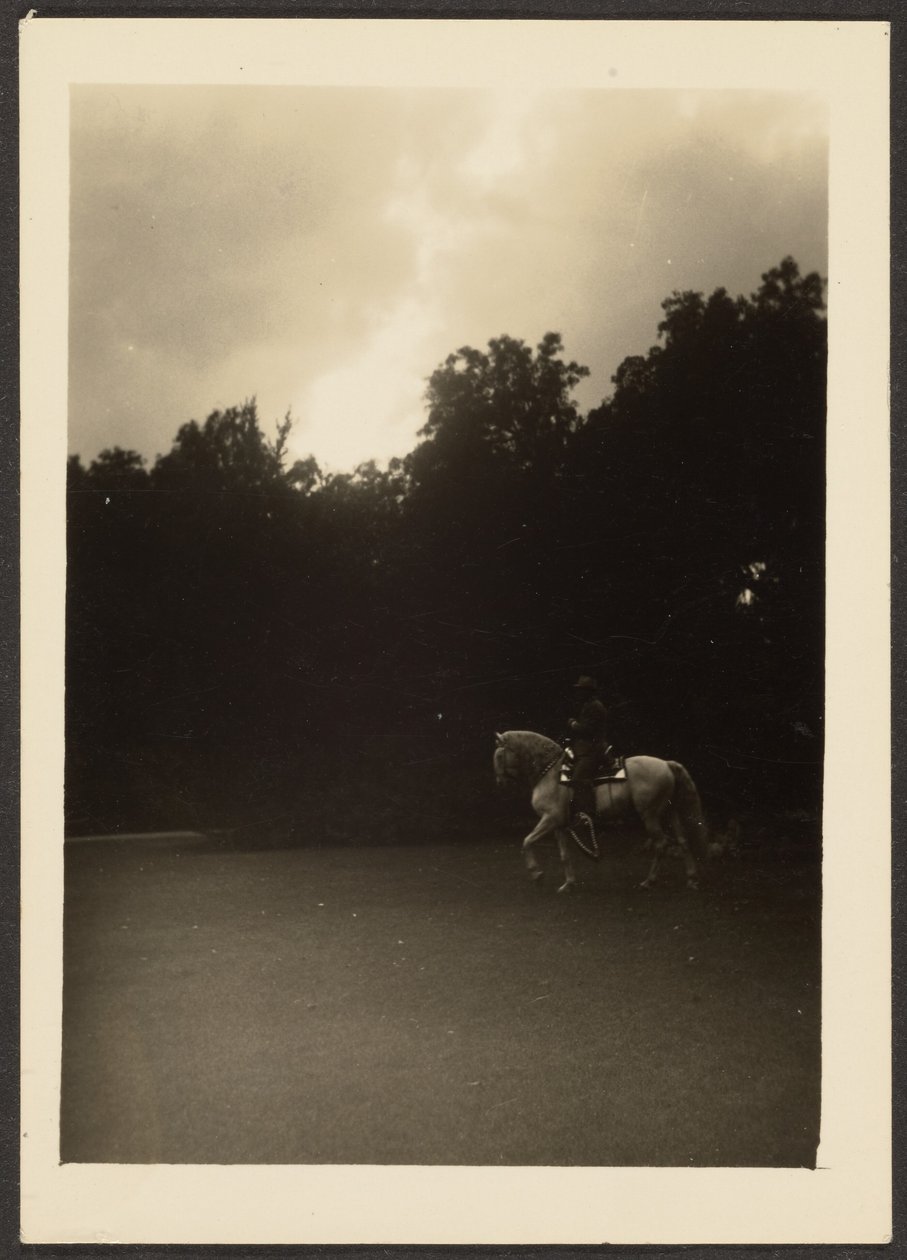 [Man te paard met donkere bomen en lichte lucht]. door Louis Fleckenstein