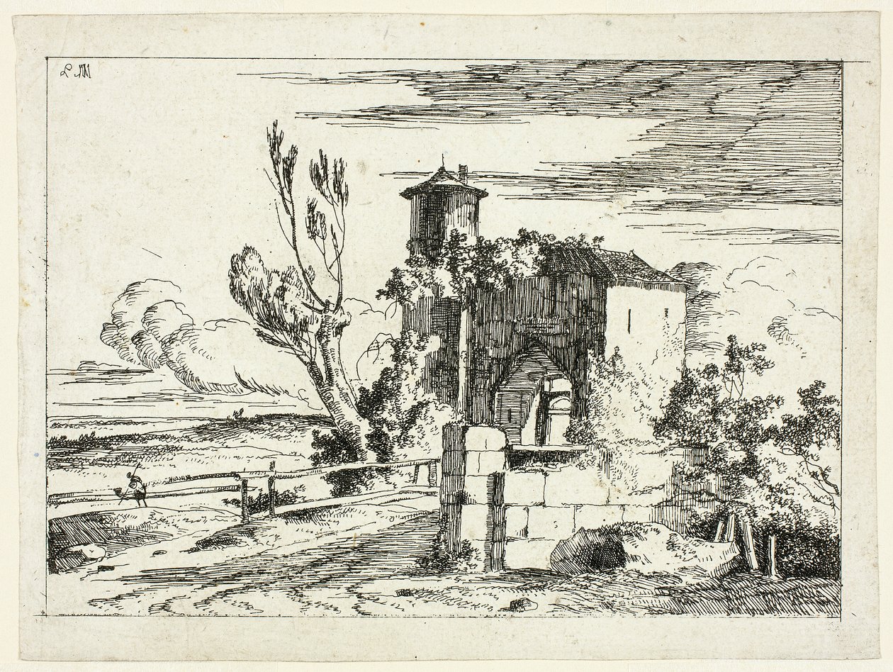 Landschap met oude poort door Louis Gabriel Moreau