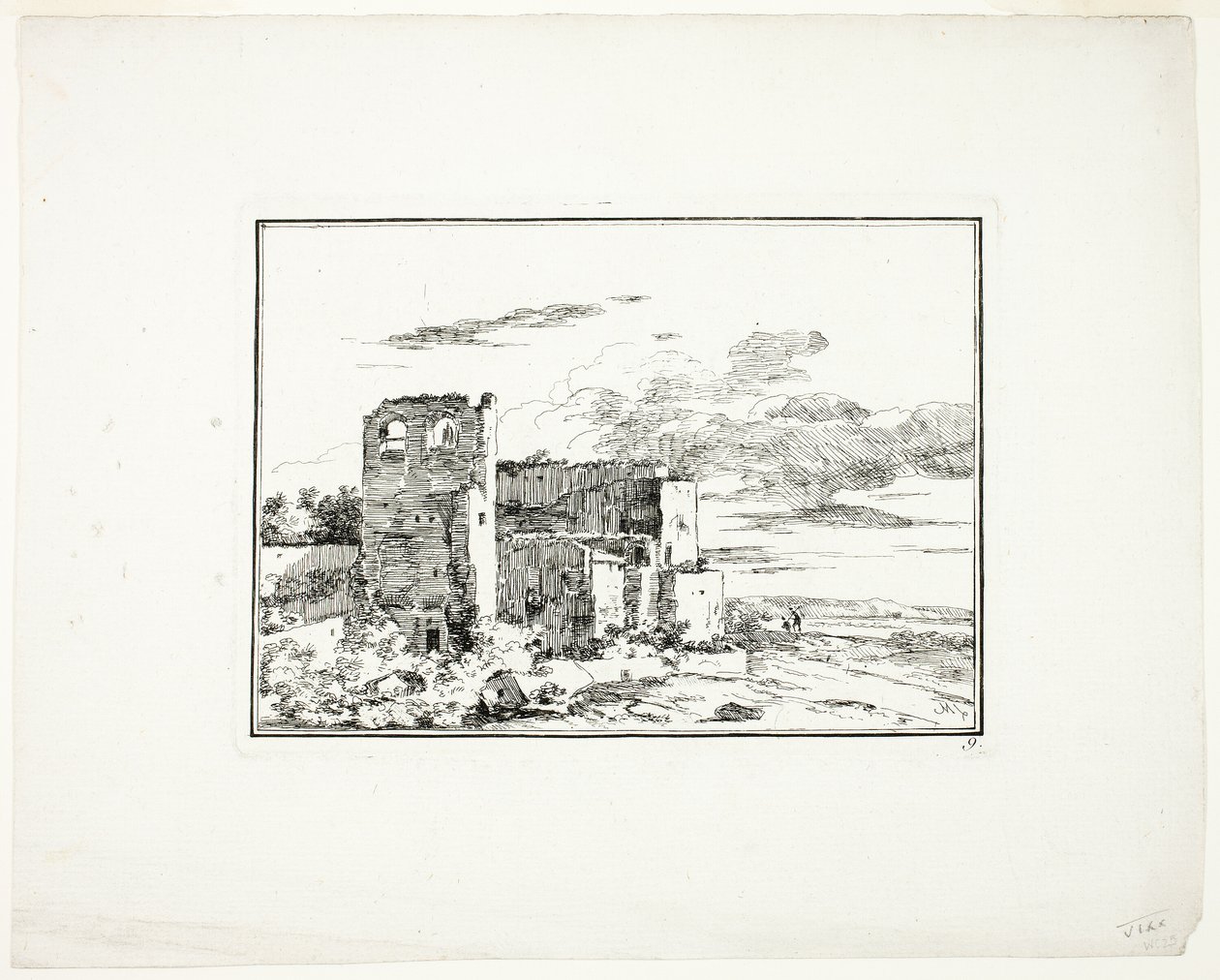 Verwoeste gebouwen bij een rivieroever, plaat 9 uit Quatrieme suite de paysages dessinés et grave a l