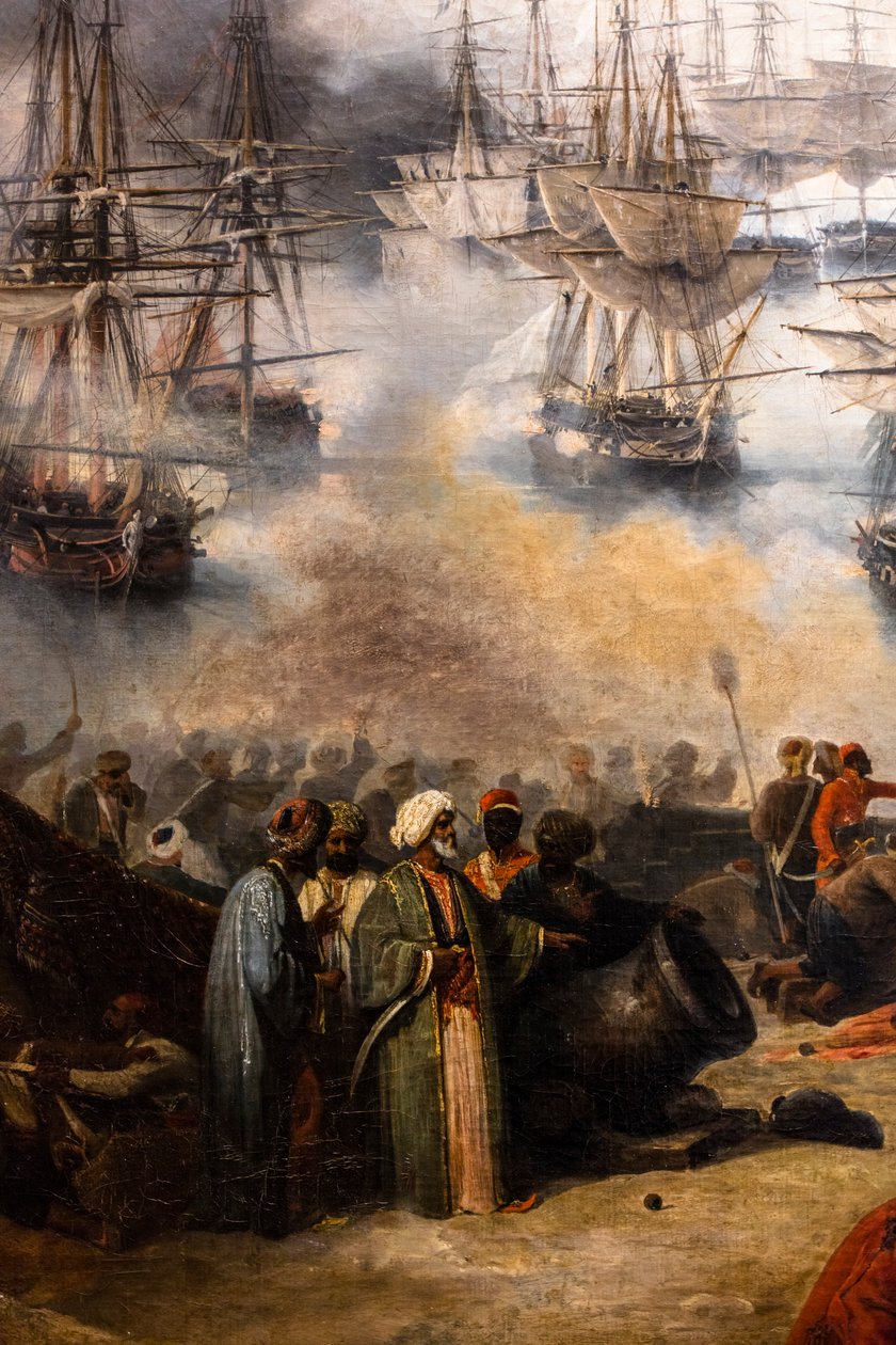 De Slag bij Navarin; uitzicht vanaf de zuidpunt van het eiland Sphacteria door Louis Garneray