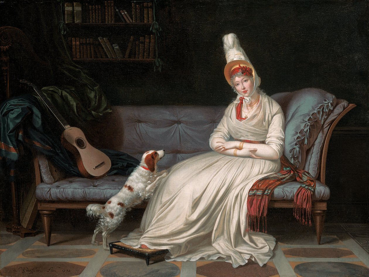 Portret van Elizabeth, Lady Webster, later Lady Holland, in een witte jurk met haar spaniël Pierrot, ca. 1795 door Louis Gauffier