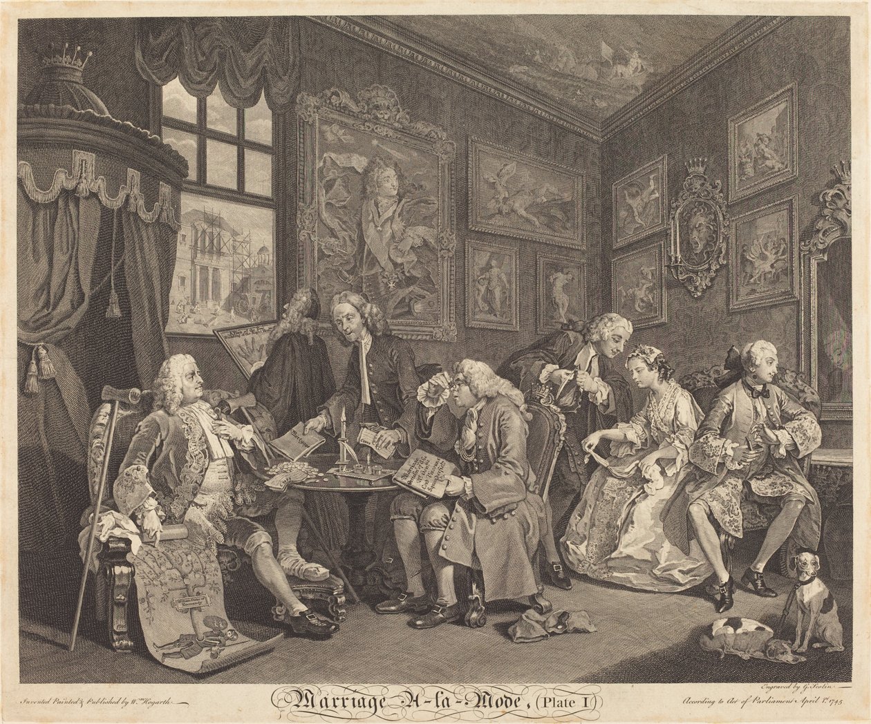 Huwelijk à la Mode: pl.1 door Louis Gerard Scotin after William Hogarth