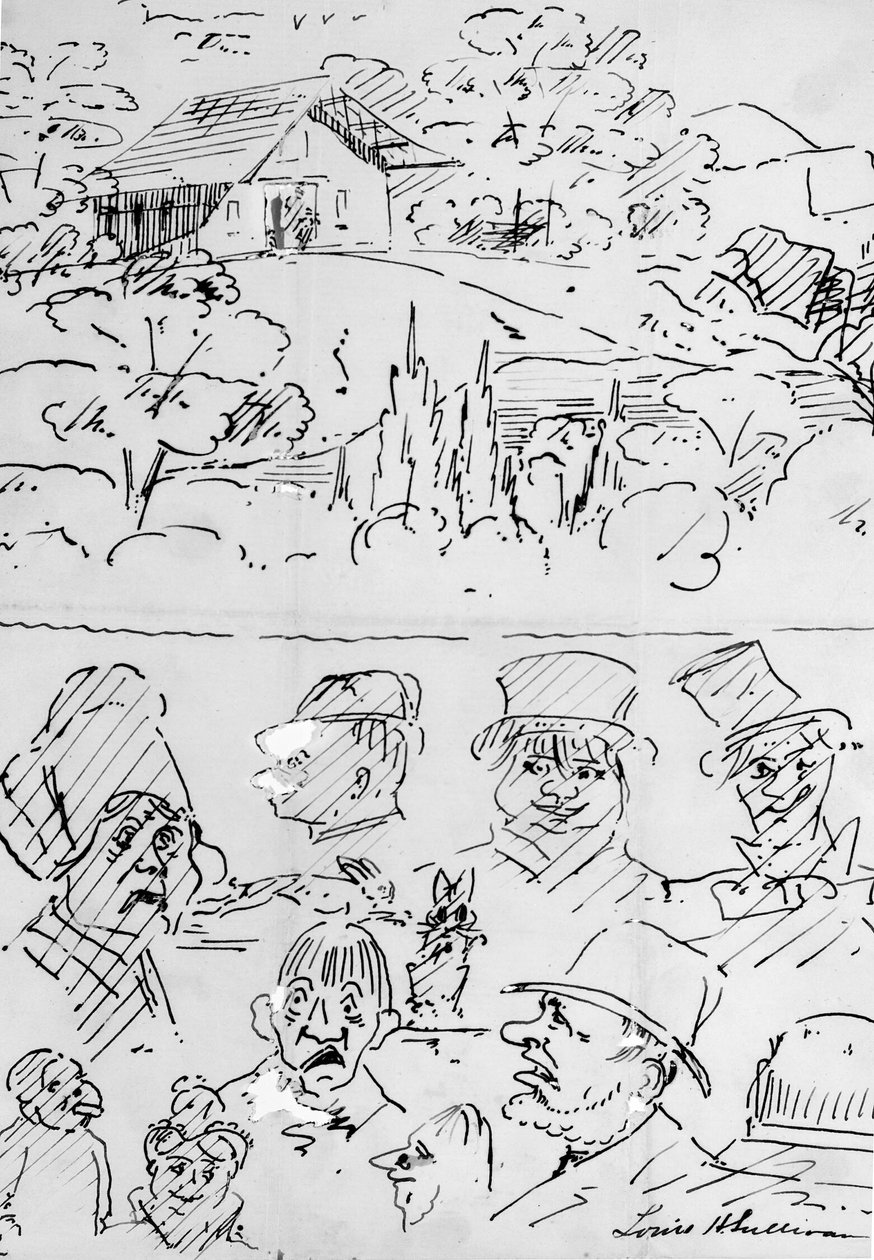 Landschap met gebouw (boven) en karikatuurkopstudies (onder) door Louis H. Sullivan