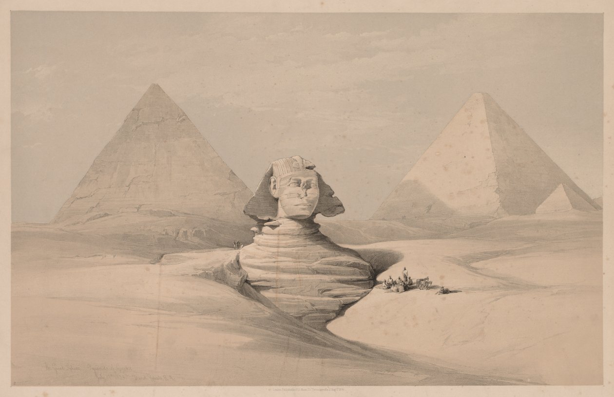Egypte en Nubië: Deel I - Nr. 18, De Grote Sfinx, Piramides van Gizeh, vooraanzicht, 1839 door Louis Haghe
