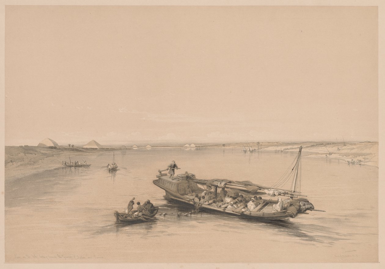 Egypte en Nubië: Deel I - Nr. 4, Slavenboten op de Nijl, uitzicht richting..., 1838 door Louis Haghe