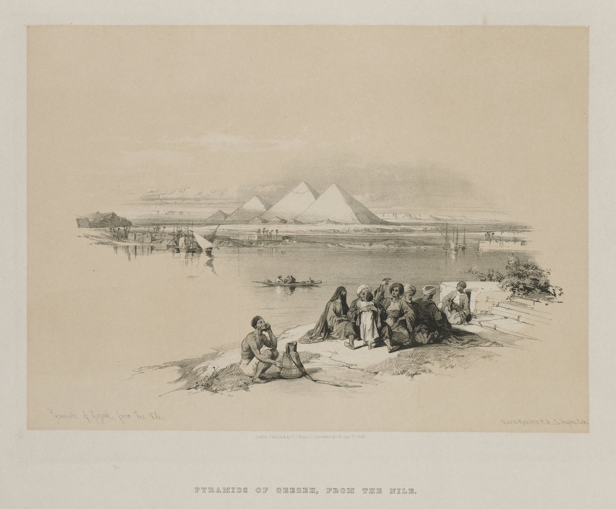 Egypte en Nubië, Deel I: Piramides van Geezeh, vanaf de Nijl, 1846 door Louis Haghe