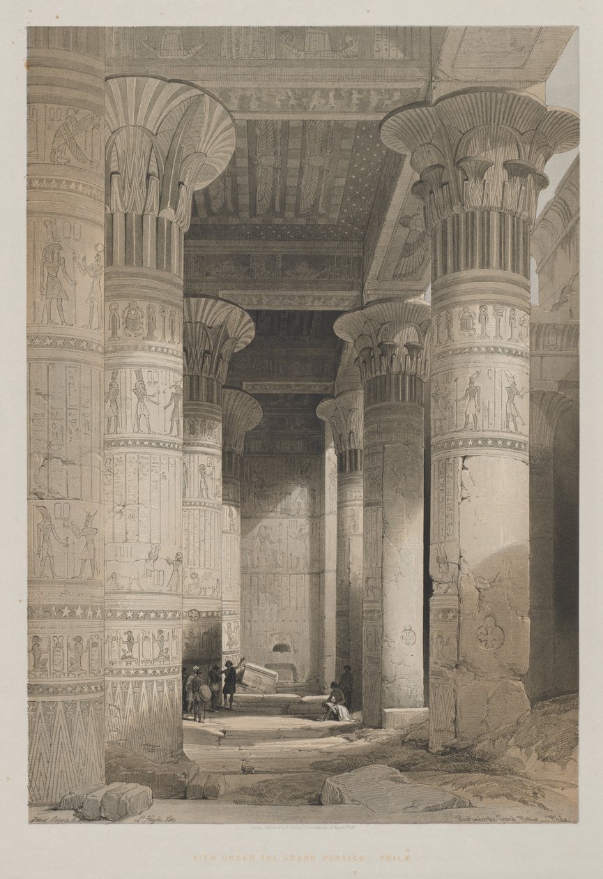 Egypte en Nubië, Deel I: Uitzicht onder de grote portiek van de tempel, Philae door Louis Haghe