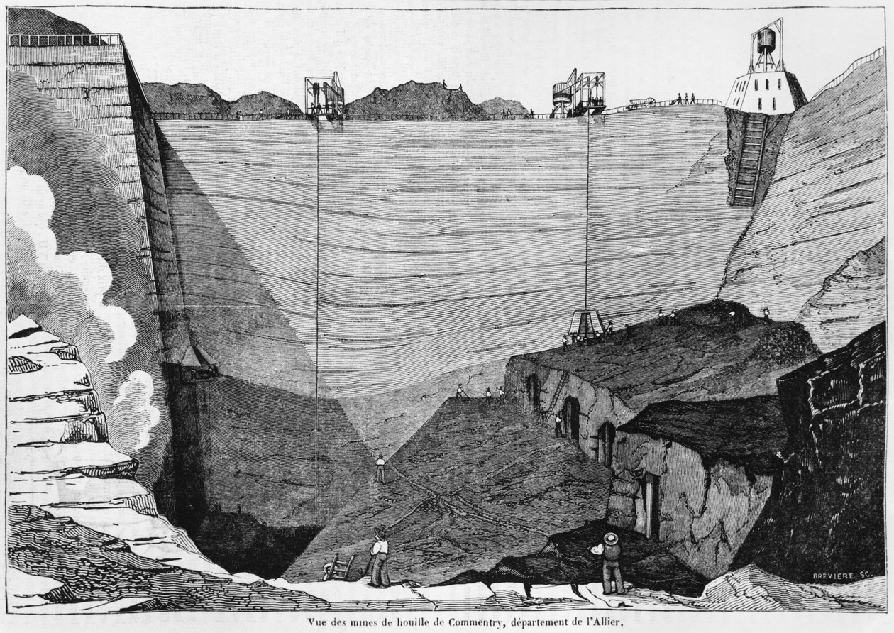De kolenmijn in Commentry, illustratie uit Le Magasin Pittoresque, 1835 door Louis-Henri Brévière