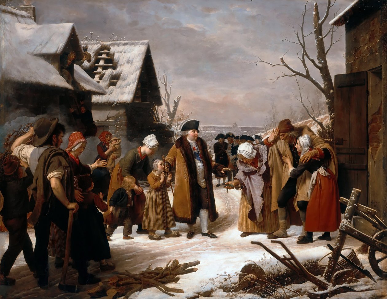 Lodewijk XVI verdeelt aalmoezen aan de armen van Versailles tijdens de winter van 1788 door Louise Marie Jeanne Hersent