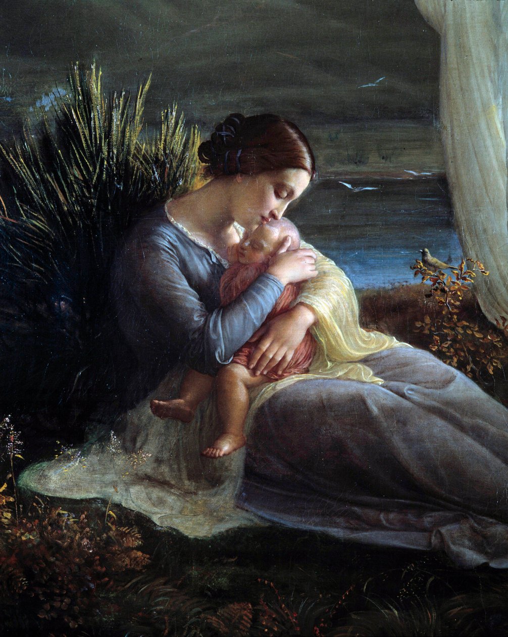 Het gedicht van de ziel; De engel en de moeder, detail van de moeder en het kind door Louis Janmot