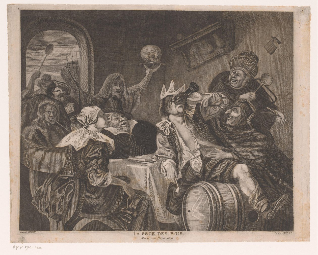 Feestend gezelschap met een drinkende man met kroon door Louis Jaugey