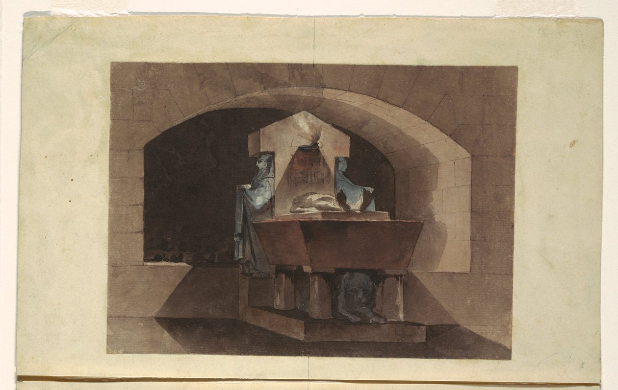 Tekening, Graf in Egyptische stijl met kariatiden en een leeuw, ca. 1779-84 door Louis Jean Desprez