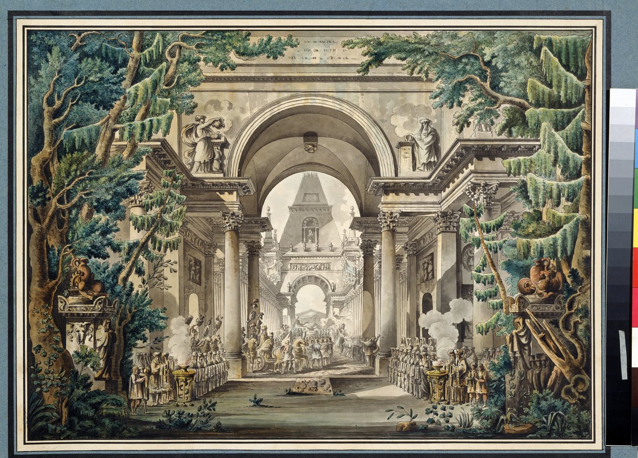 De processie in de tempel door Louis Jean Desprez