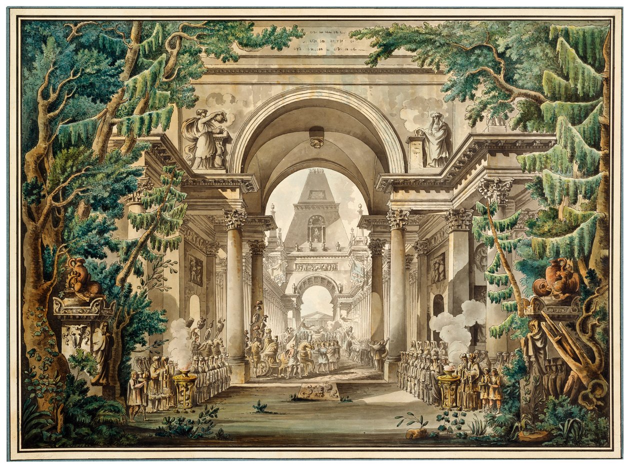 Processie in een tempel. Decorontwerp voor een toneelstuk, 18e of begin 19e eeuw door Louis Jean Desprez