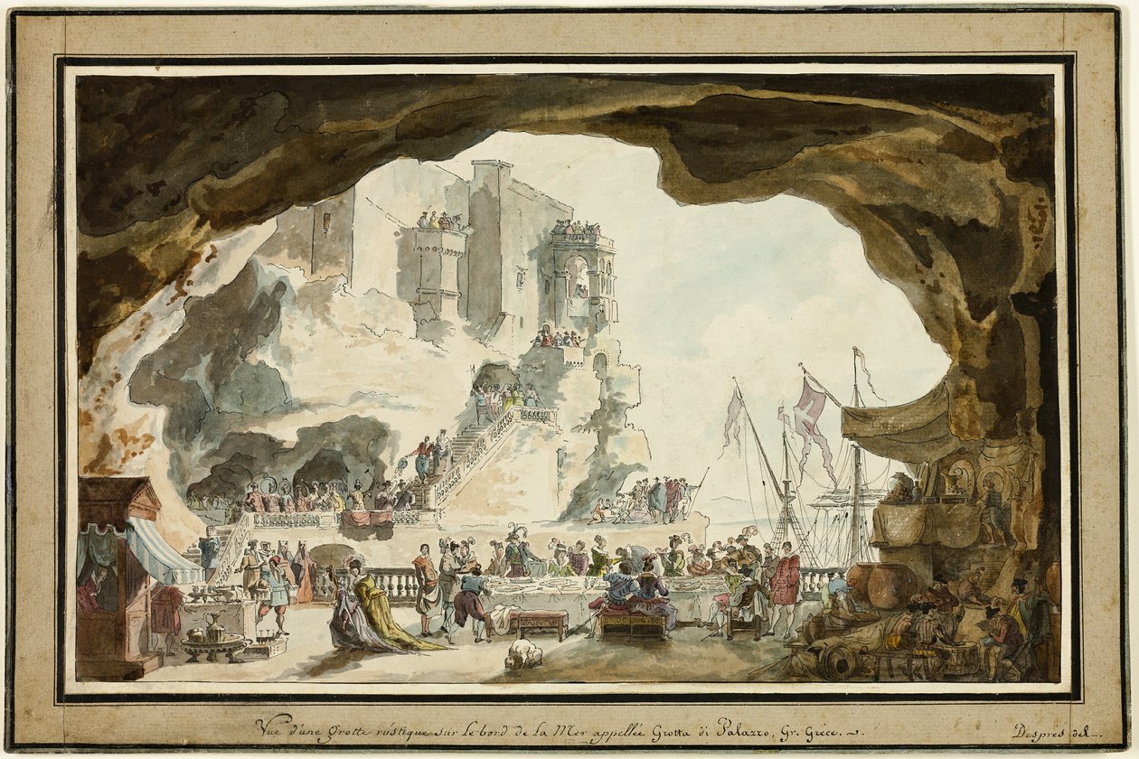 Uitzicht op de Grotta di Palazzo met banket door Louis Jean Desprez