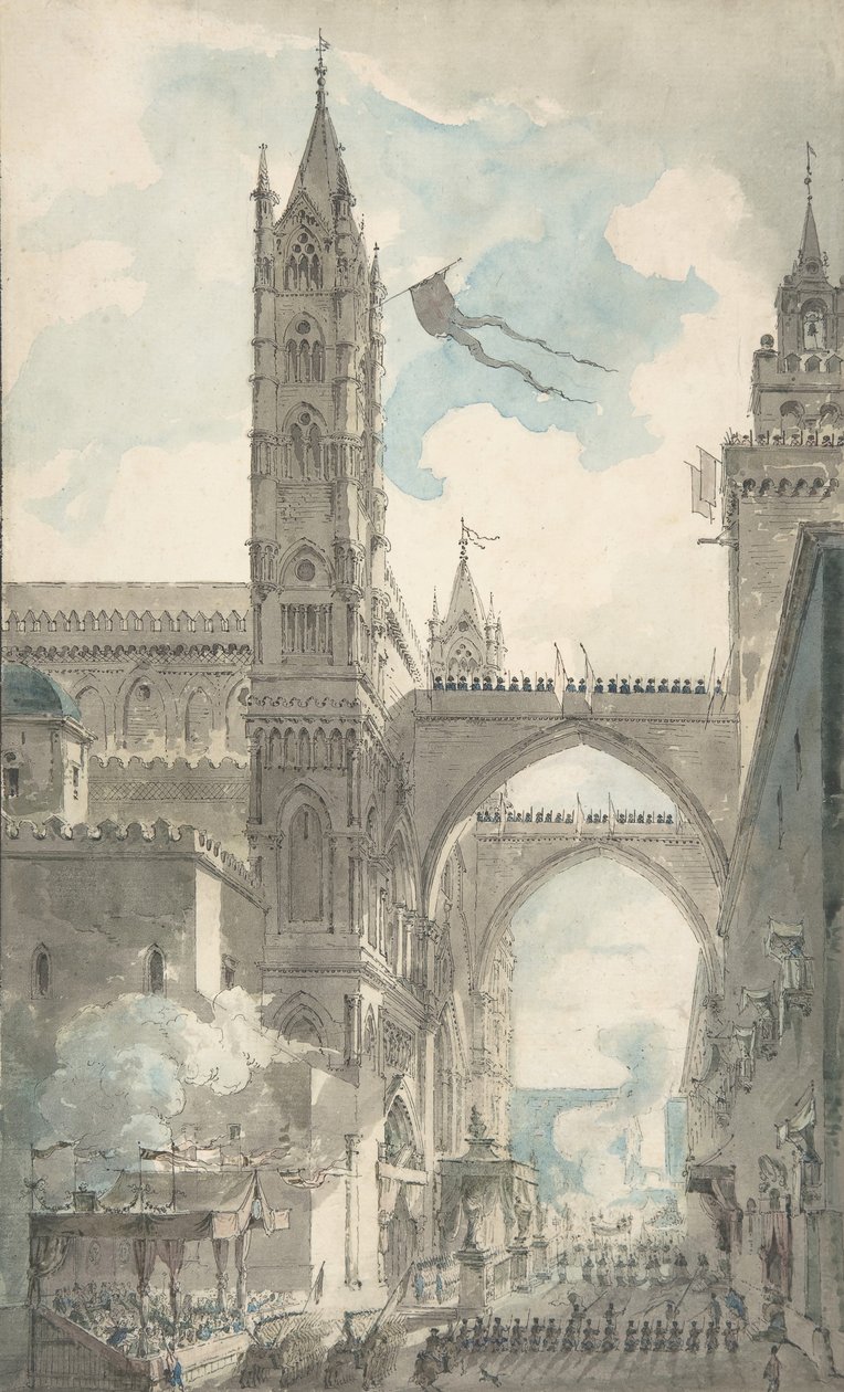 Gezicht op de poort en hoofdingang van de kathedraal van Palermo tijdens het festival door Louis Jean Desprez