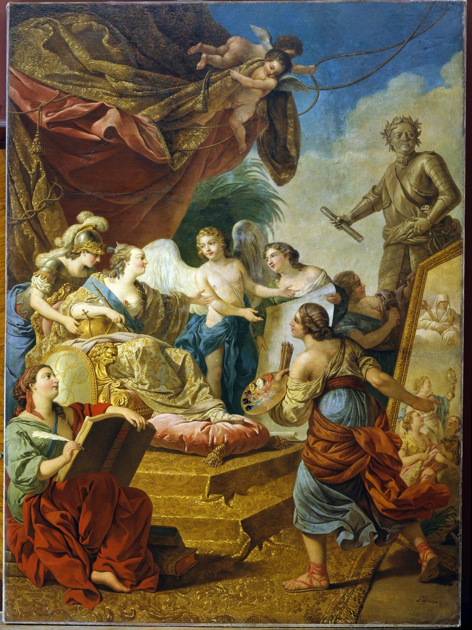 Keizerin Elisabeth Petrovna als beschermvrouwe van de kunsten door Louis Jean Francois I Lagrenee