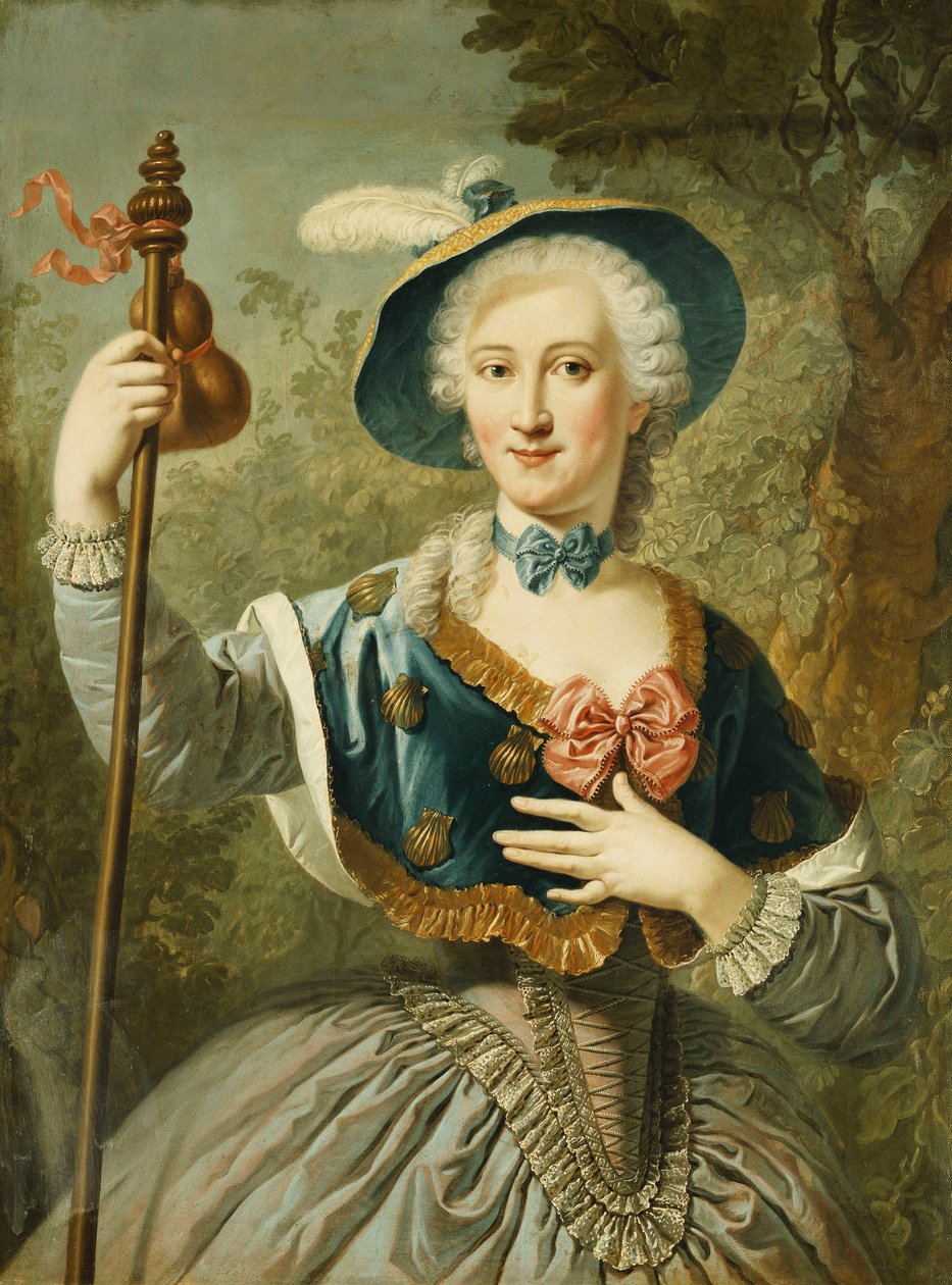 Portret van een Dame, Driekwart Lengte, Gekleed als een Pelgrim, en Dragend een Blauw Gevoerde Strohoed en Veer, 1747 door Louis Jean François Lagrenée