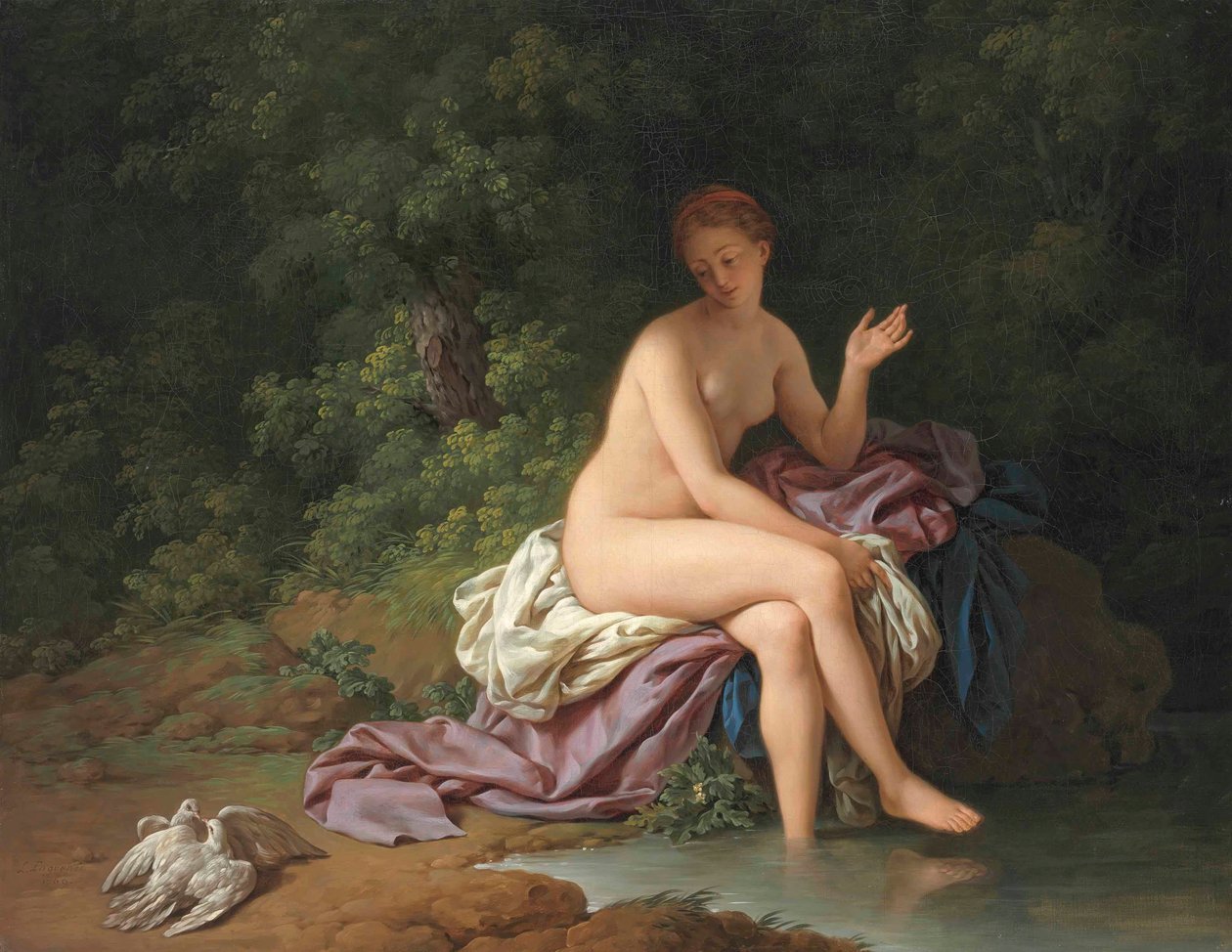 Een dame badend bij een rivier, met twee tortelduiven door Louis Jean François Lagrenée