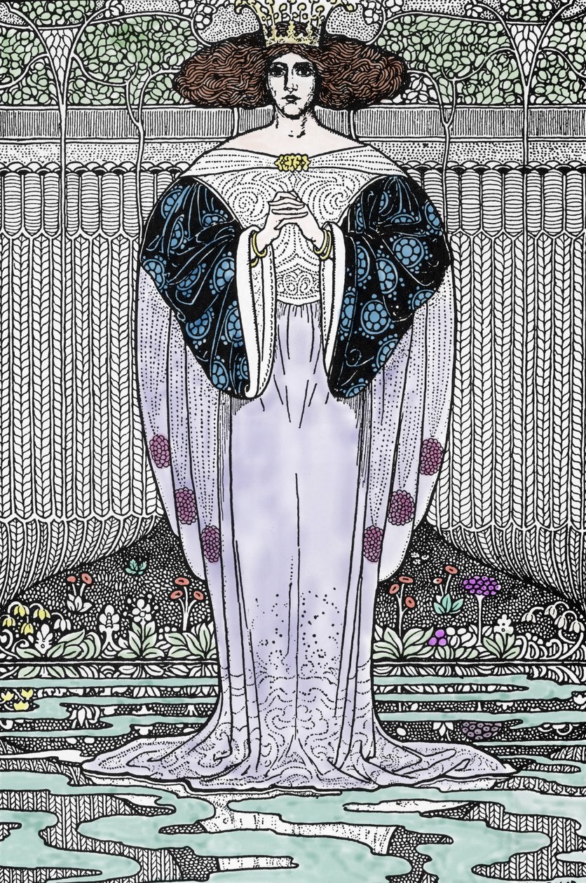 Voorstelling van de Dame van het Meer (Nimue, Viviane) Illustratie door Louis Rhead (1858-1926) voor “Koning Arthur en zijn ridders” door Louis John Rhead