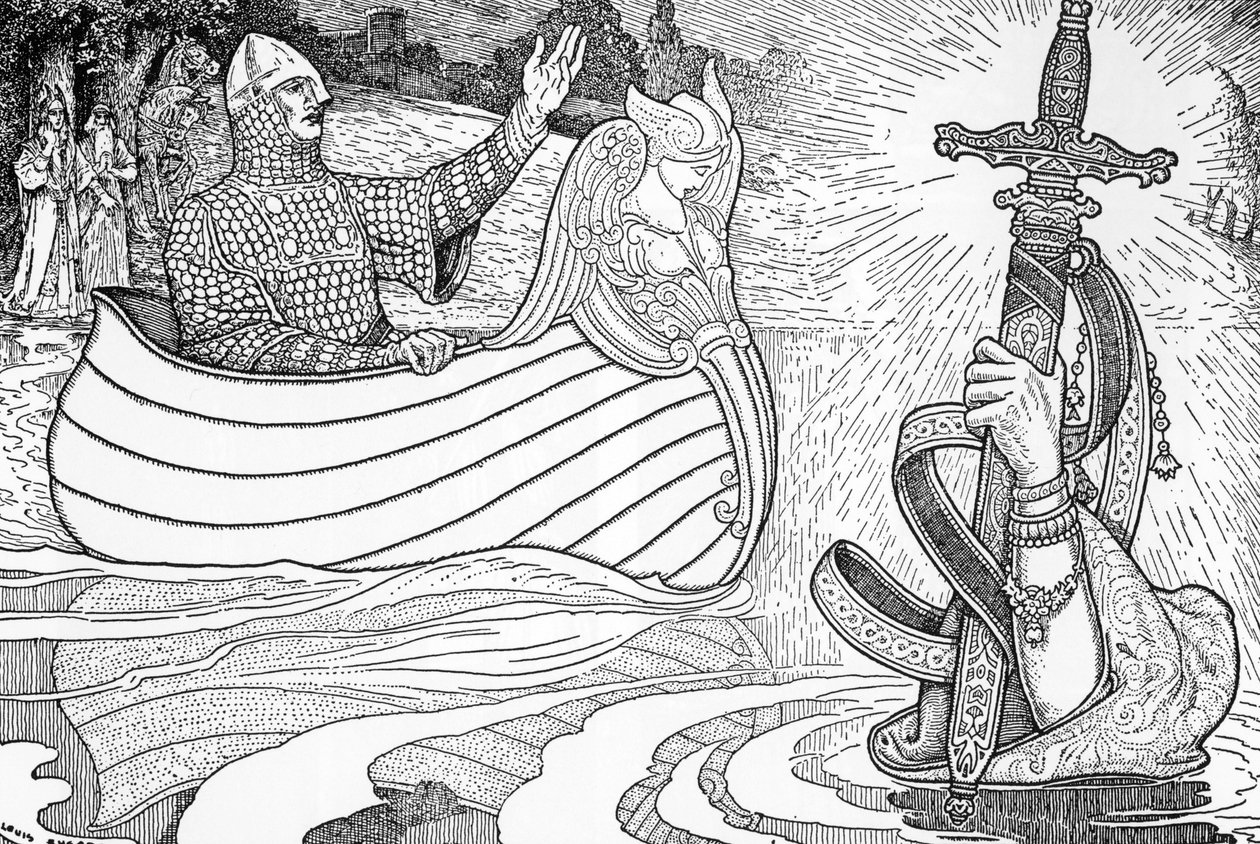 De Dame van het Meer geeft Koning Arthur het zwaard Excalibur door Louis John Rhead