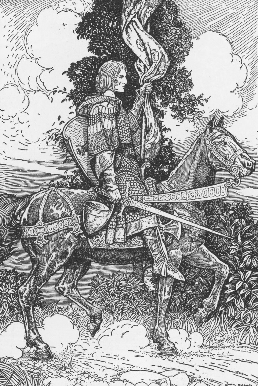 Sir Tristam rijdt naar kasteel Tintagil (Illustratie uit 