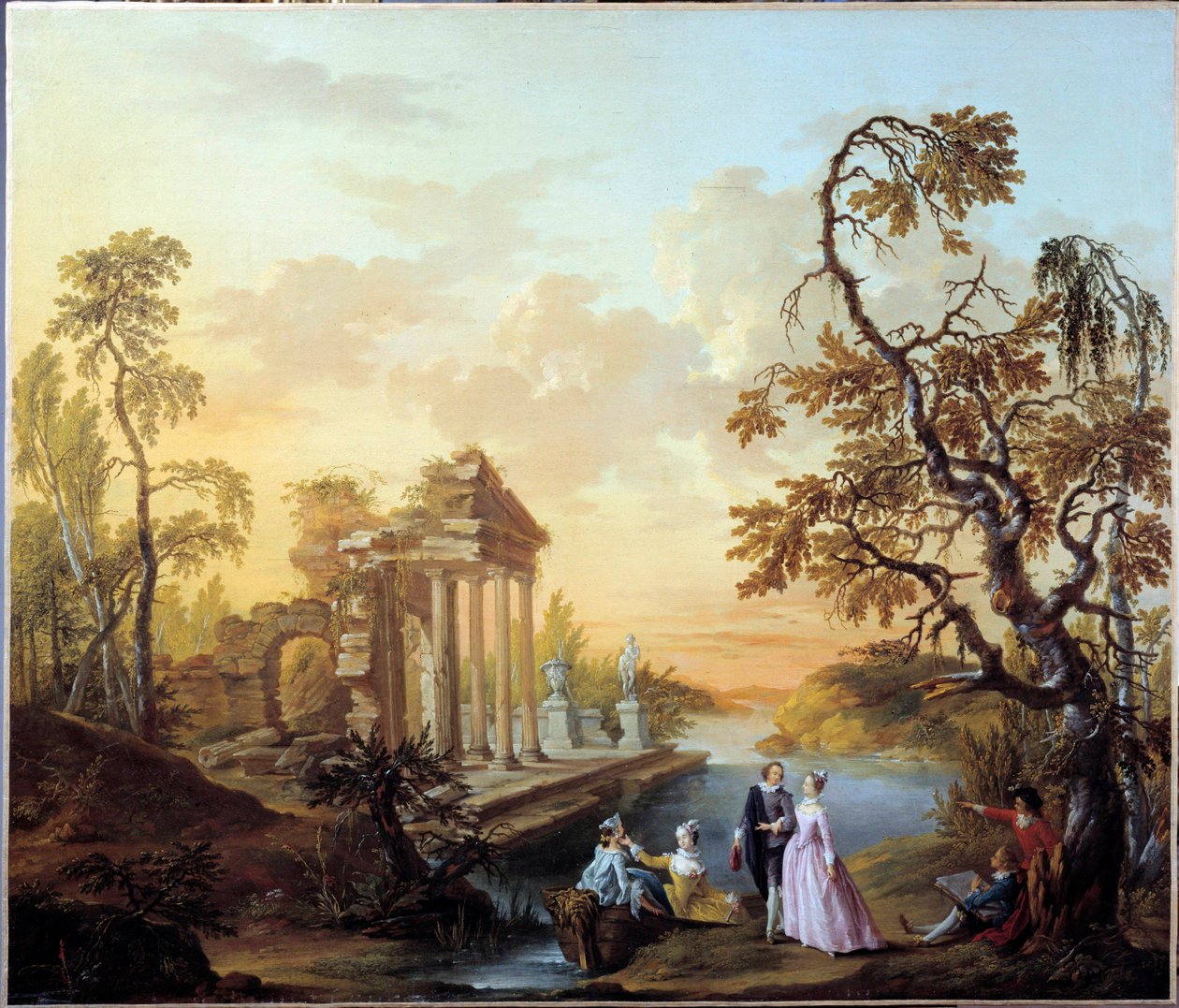 Hulde aan de liefde Romantische scène in een landschap van oude ruïnes bij schemering door Louis Joseph  Watteau