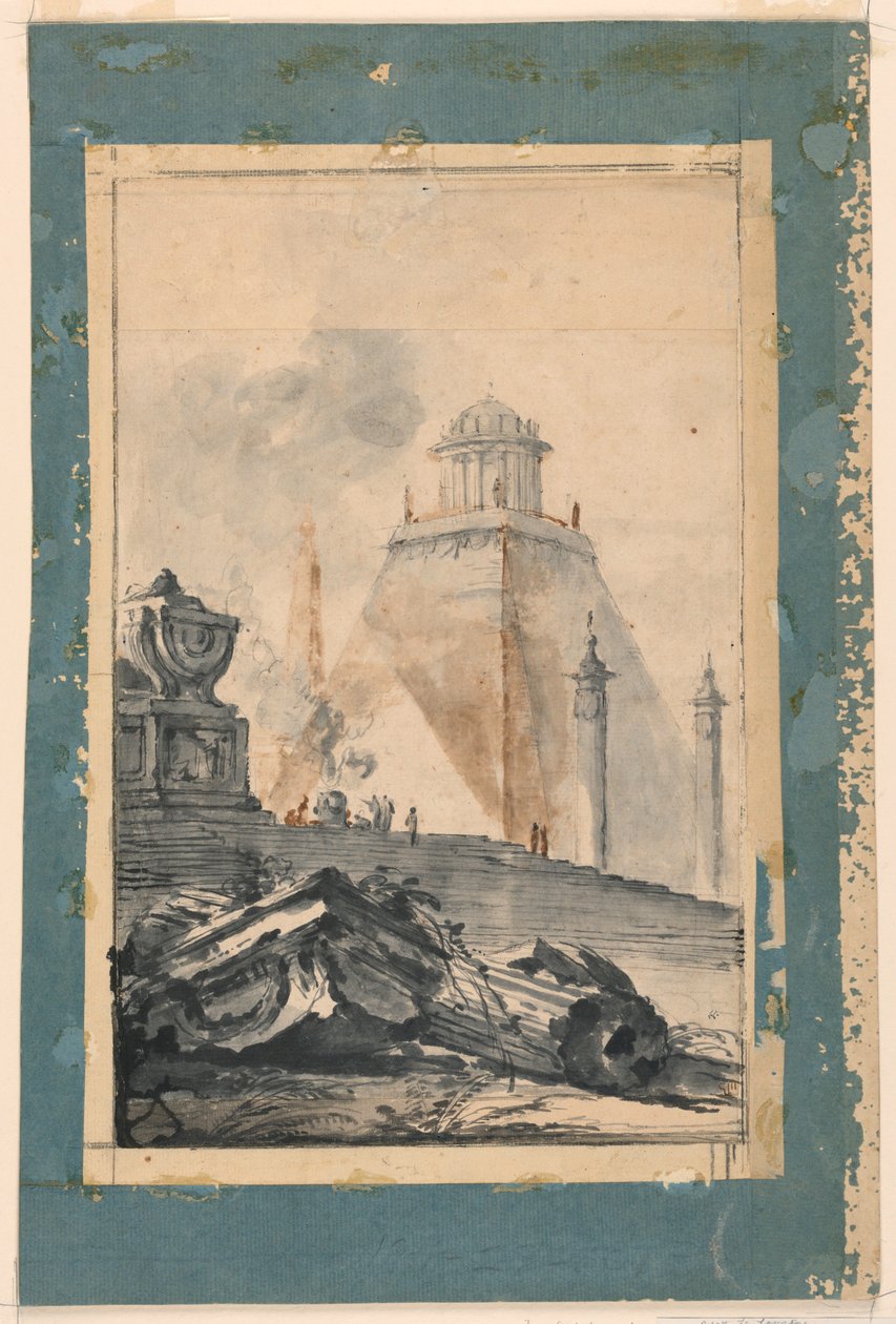 Architectonische fantasie: Een cirkelvormige tempel op een afgeknotte piramide door Louis Joseph Le Lorrain