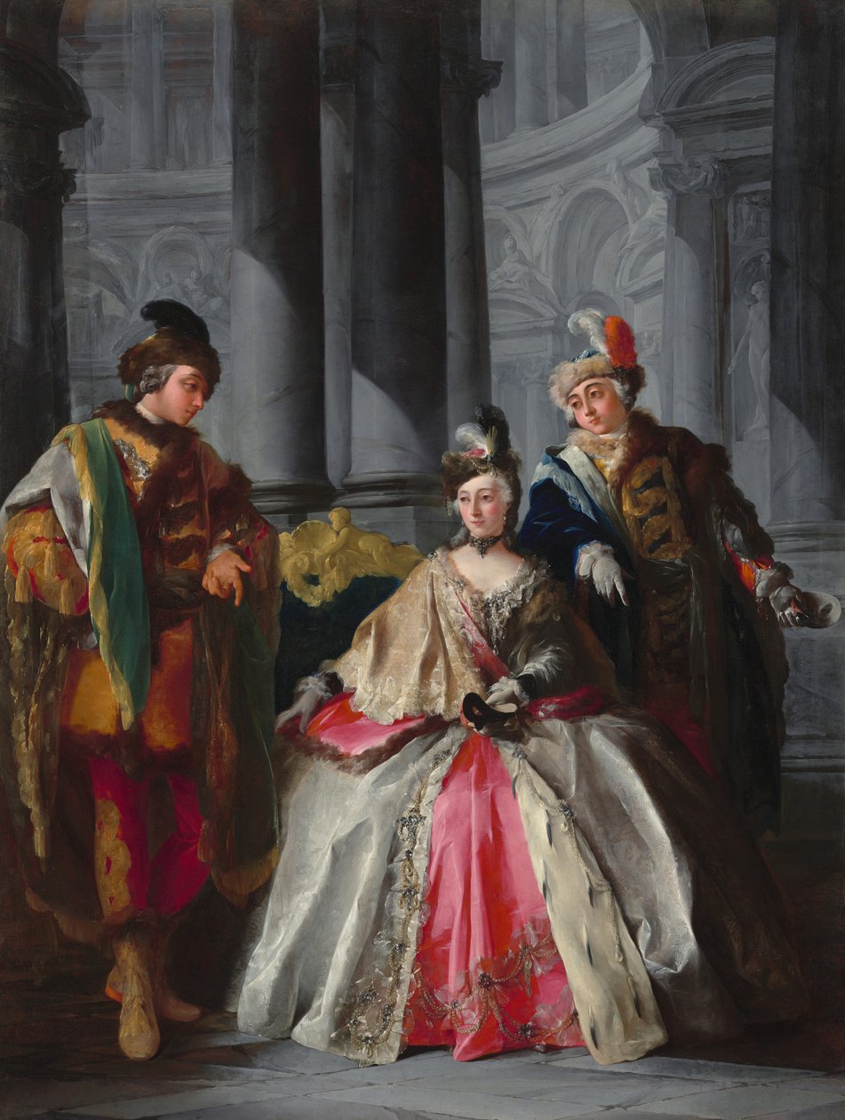 Drie figuren gekleed voor een maskerbal door Louis Joseph Le Lorrain