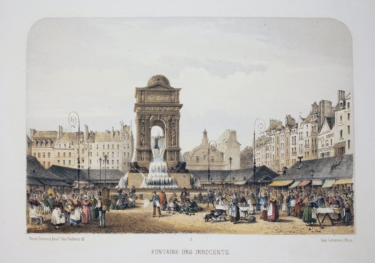 Fontein van de Onschuldigen, Parijs. Lithografie aquarel, illustratie door Arnout, in 