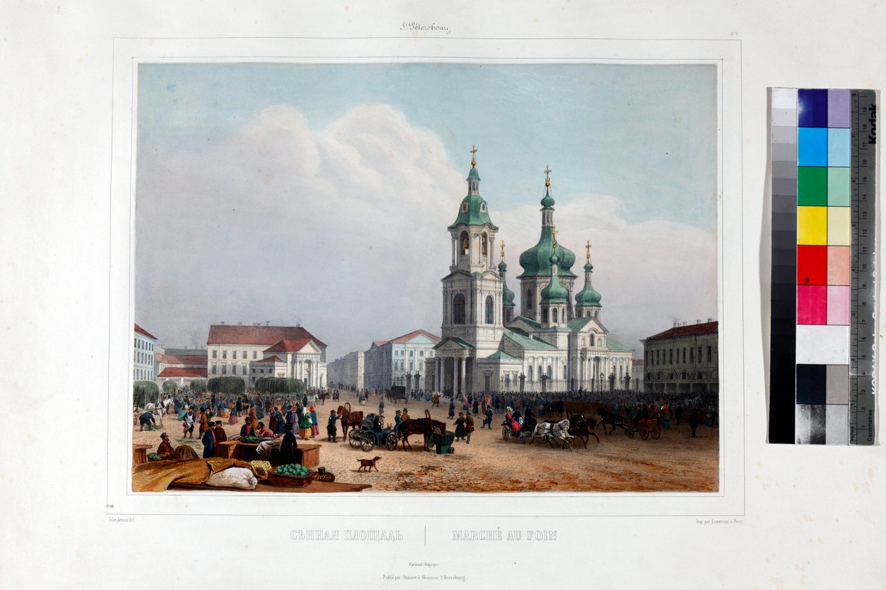 Het Sennaya-plein en de Verlosserkerk in Sint-Petersburg door Louis Jules Arnout