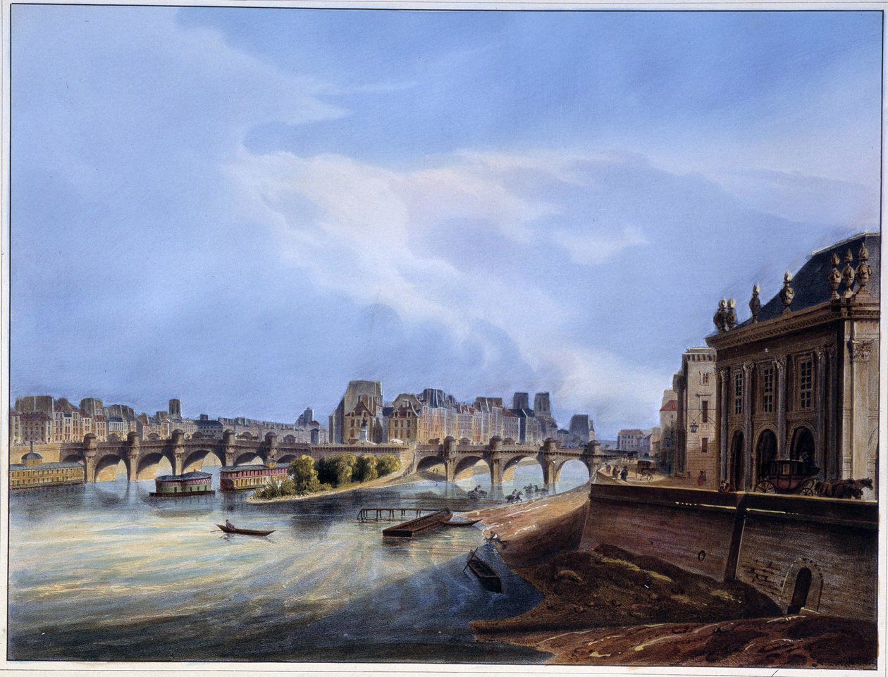 Zicht op de Pont Neuf - in Paris en 1837 door Louis Jules Arnout