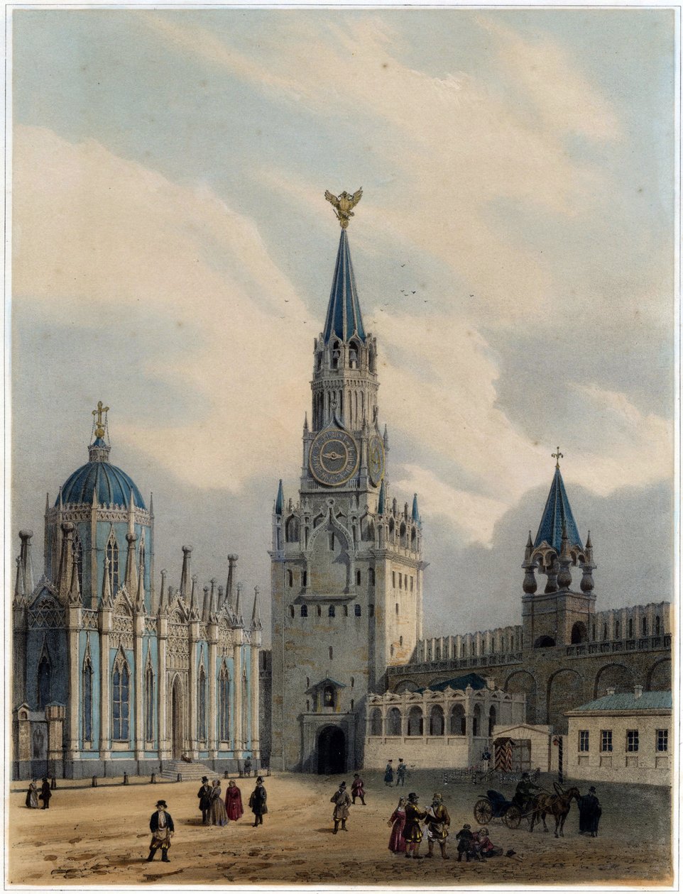 Uitzicht op de Toren van de Heiland (of de Spasskaya Toren) en op het Rode Plein, Kremlin, Moskou door Louis Jules Arnout