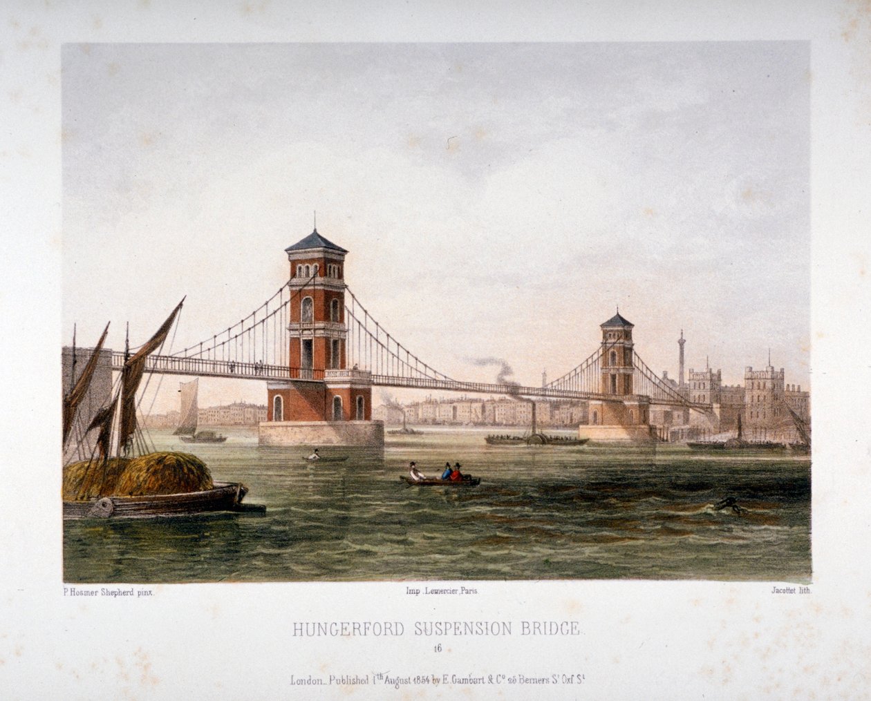 Zicht op de Hungerford-brug vanuit het oosten, Londen, 1854 door Louis Julien Jacottet
