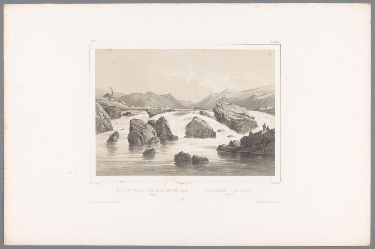 Zalmvissers bij de Kassa rivier in Halland (Gezichten in Scandinavië) door Louis Julien Jacottet