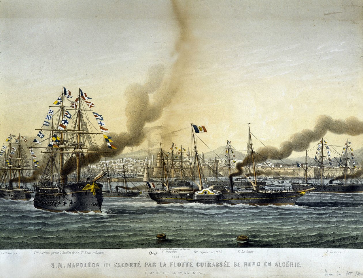 Napoleon III begeleid door de vloot ging naar Algerije in september 1860, gravure van 1865. door Louis Le Breton