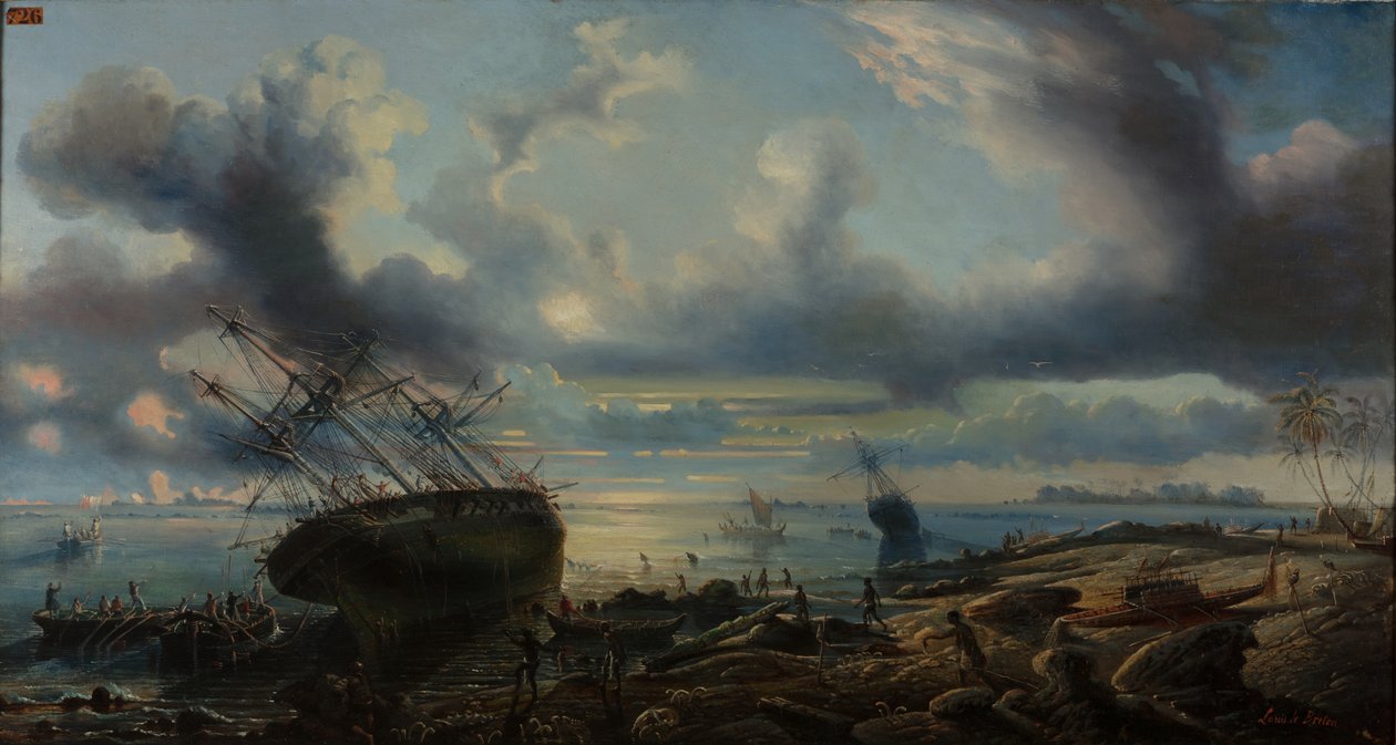 De stranding van korvetten in het kanaal van Mauvais, Straat van Torres 1843 (olieverf op doek) door Louis Lebreton