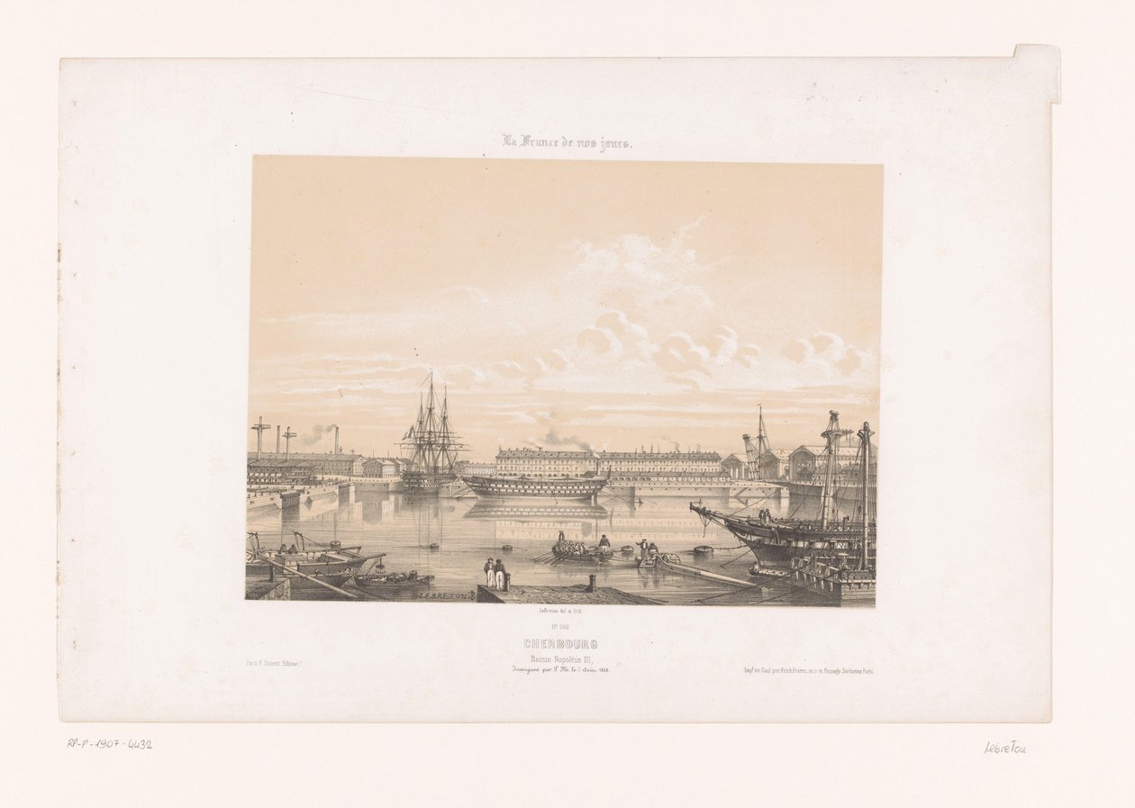 Zicht op het Bassin Napoléon III bij de haven van Cherbourg door Louis Le Breton