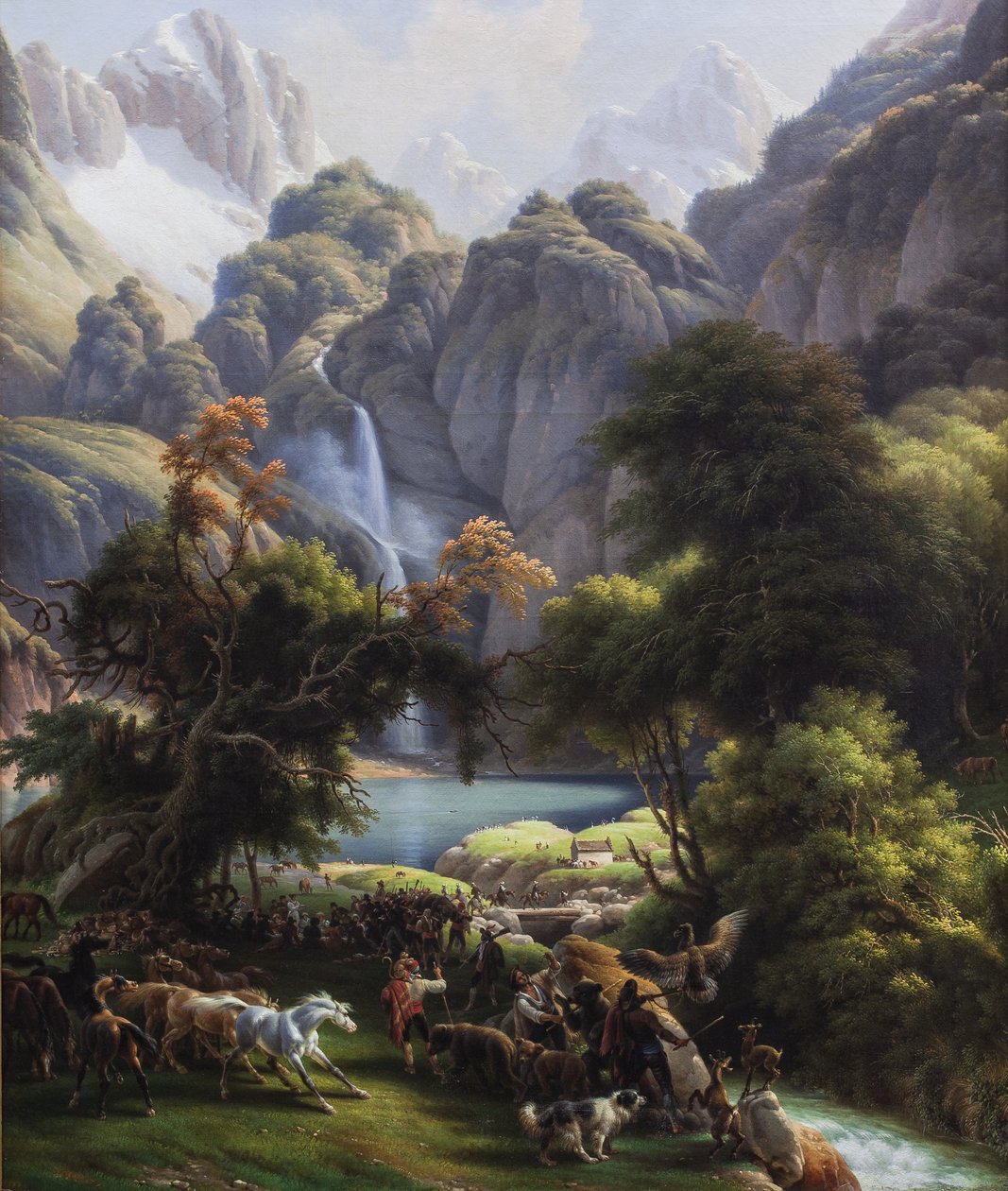 Berenjacht naar de Oo-meer waterval (olieverf op doek) door Louis Lejeune