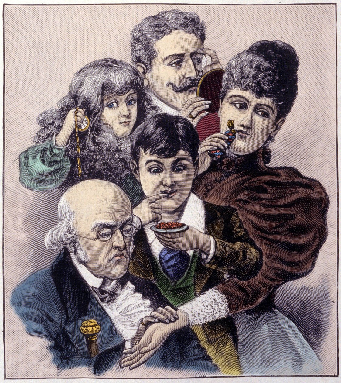 Voorstelling van de vijf zintuigen (tast, gehoor, geur, smaak en zicht) door Louis leopold Bailly. Gravure uit 1894. door Louis Leopold (after) Boilly