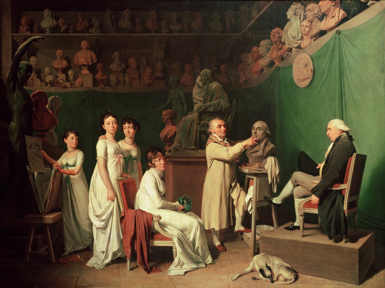 Jean Antoine Houdon beeldhouwt de buste van Pierre Simon Marquis de Laplace in aanwezigheid van zijn vrouw en dochters, 1804 door Louis Leopold Boilly