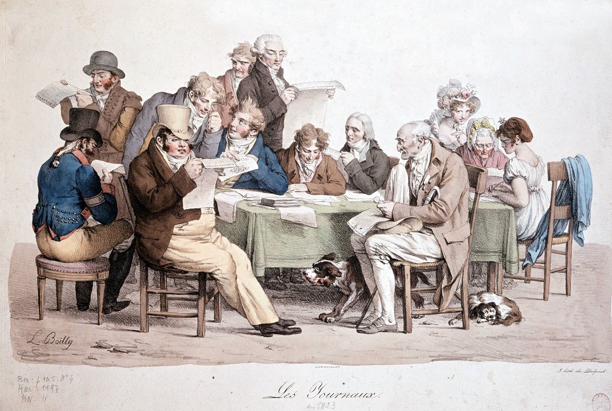Mannen die kranten lezen - gravure van Louis Boilly getiteld 