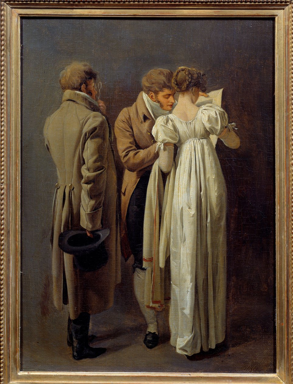 Prentliefhebbers Jonge mensen gekleed in de mode van het Eerste Keizerrijk bekijken een prent door Louis Leopold Boilly