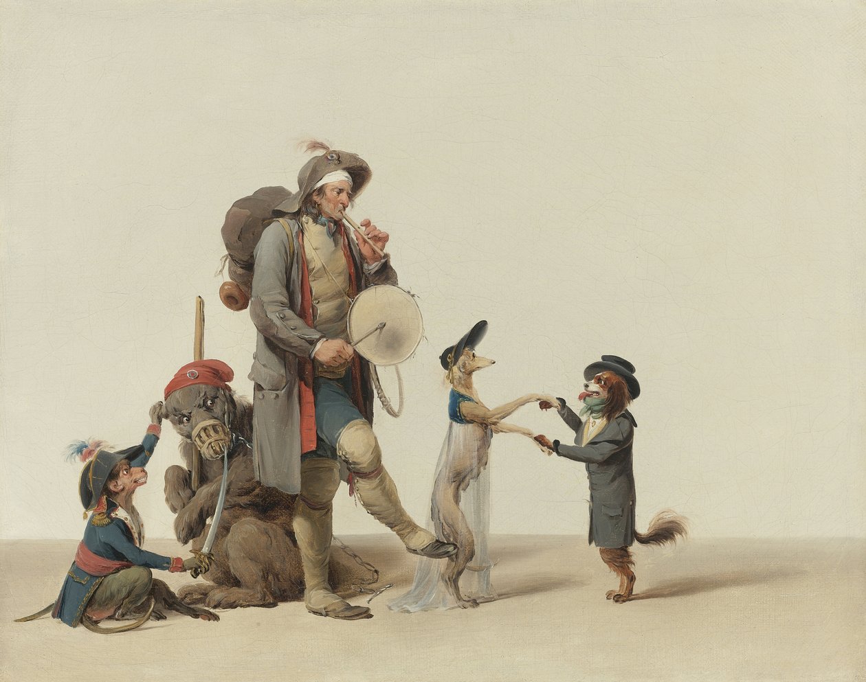 Een dierentrainer met dansende honden, een beer en een aap door Louis Leopold Boilly