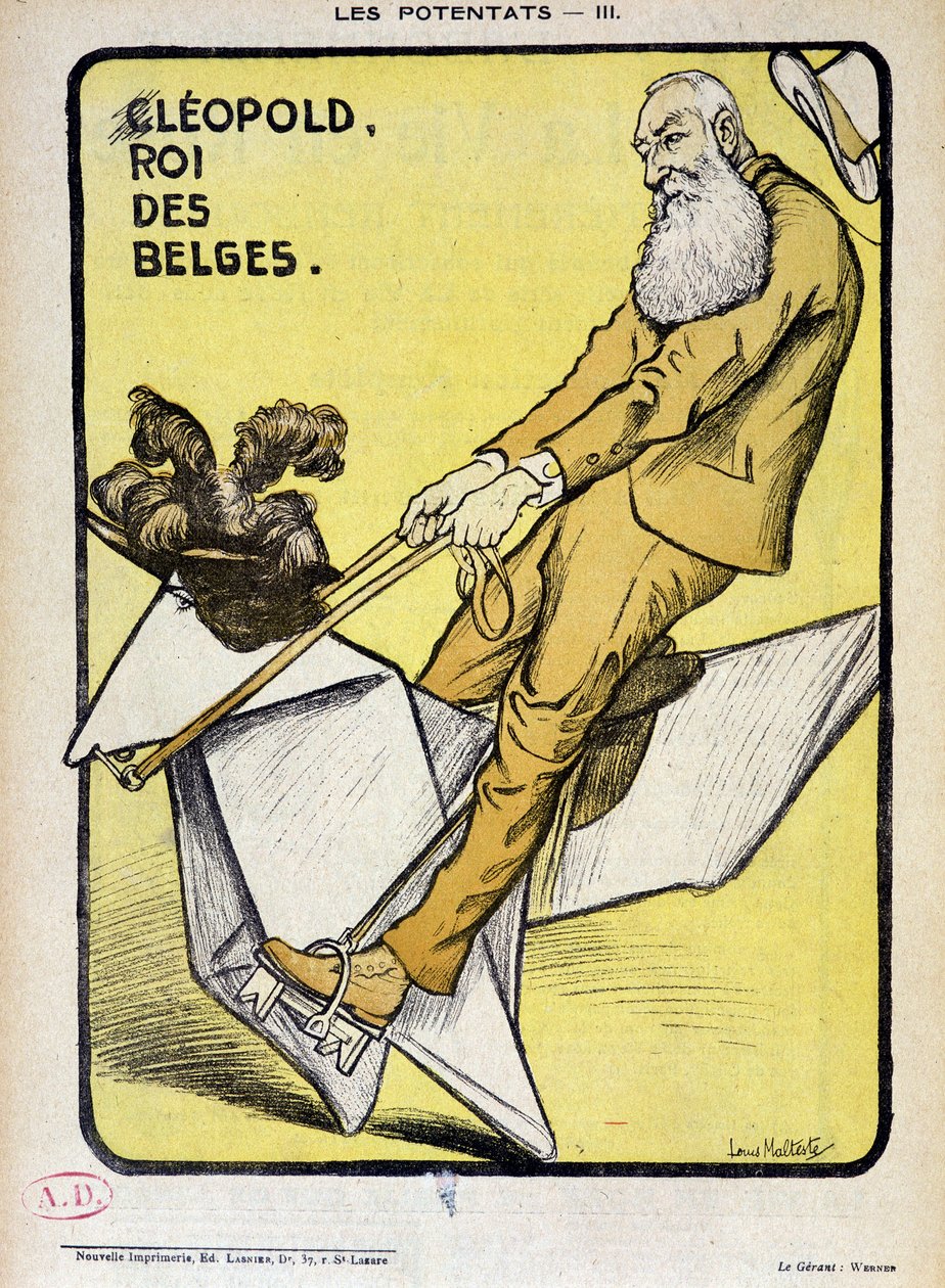 Karikatuur van Leopold, koning van de Belgen op een papieren paard - door Louis Malteste, in 
