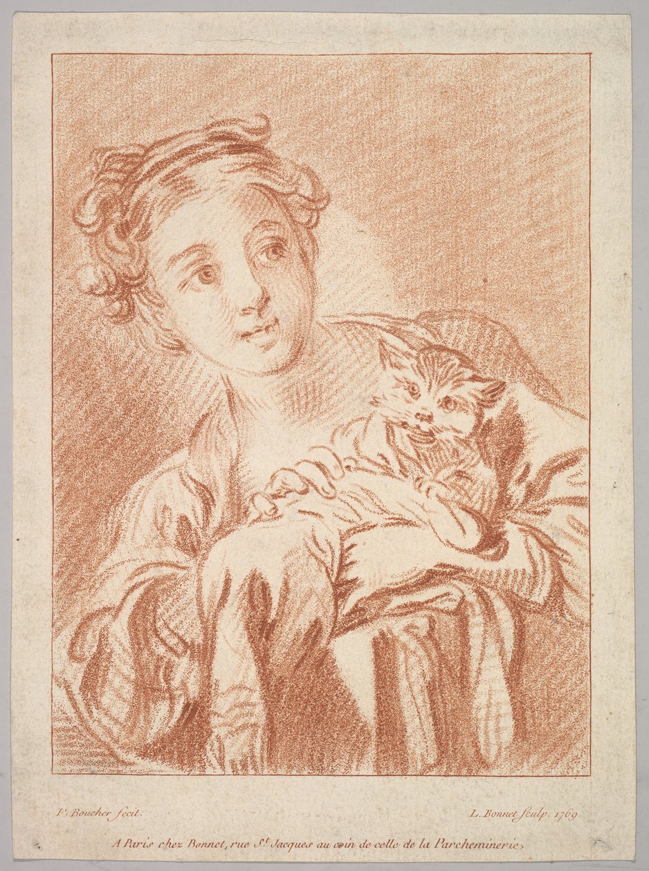 Een jong meisje met een kat door Louis Marin Bonnet